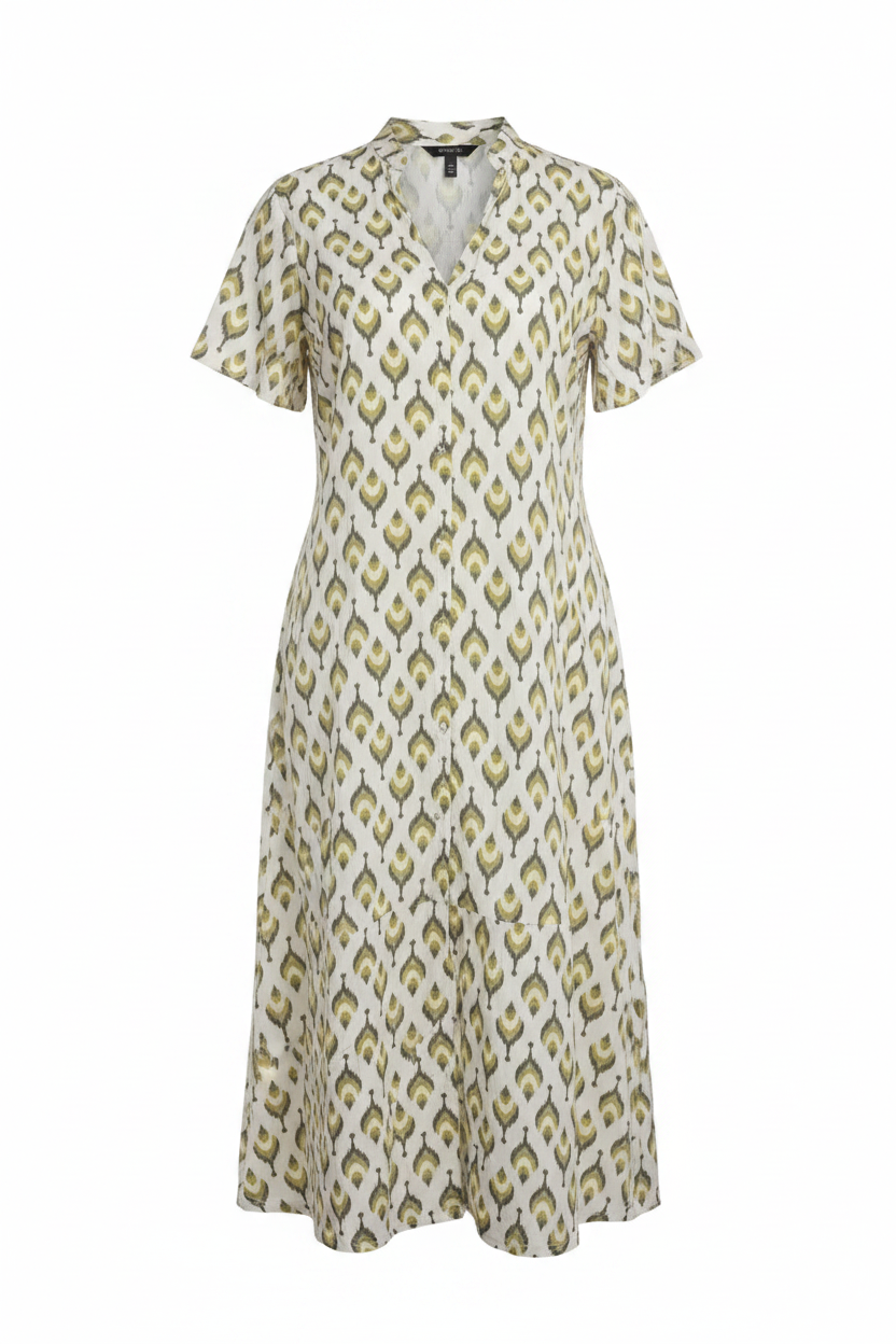 Vestido Midi Paloma estampado ikat fondo blanco profesional sin modelo